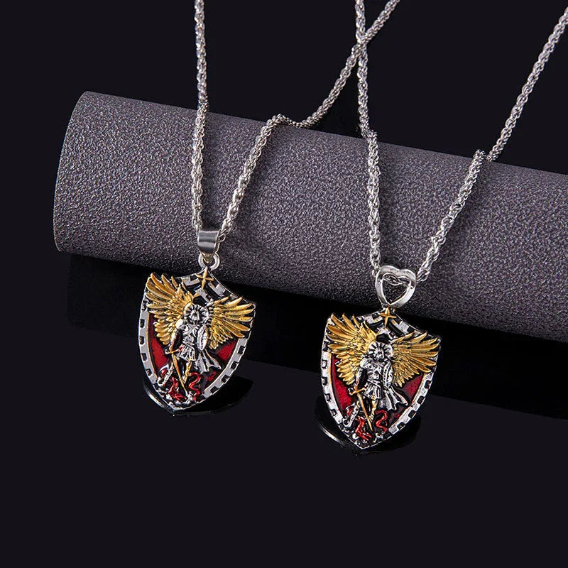 Unisex shield pendant necklace in gold and silver