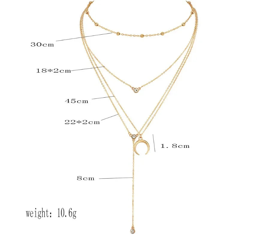 Bead Chain Diamond Moon Pendant Multi-layer Women's Necklace