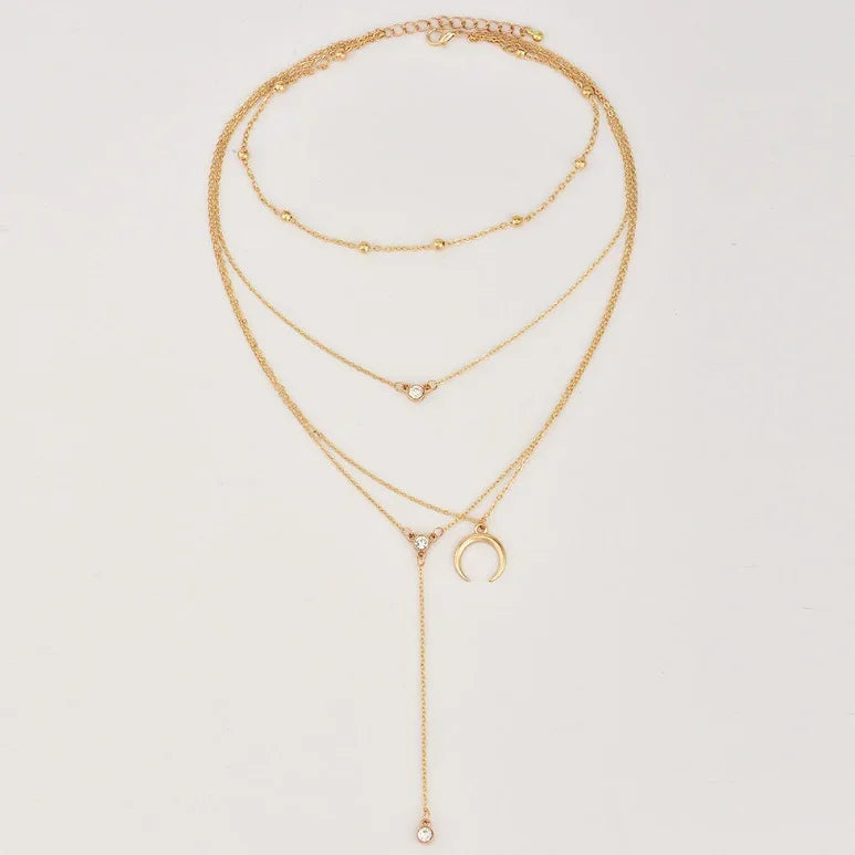 Bead Chain Diamond Moon Pendant Multi-layer Women's Necklace