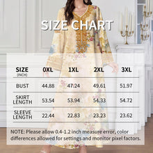 Women's Chic Bohemian Floral V-Neck Maxi Dress, Elegant Golden Long Sleeve Loose Fit Casual Dress