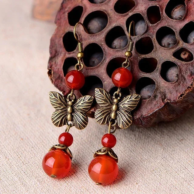 Ladies butterfly vintage red agate earrings