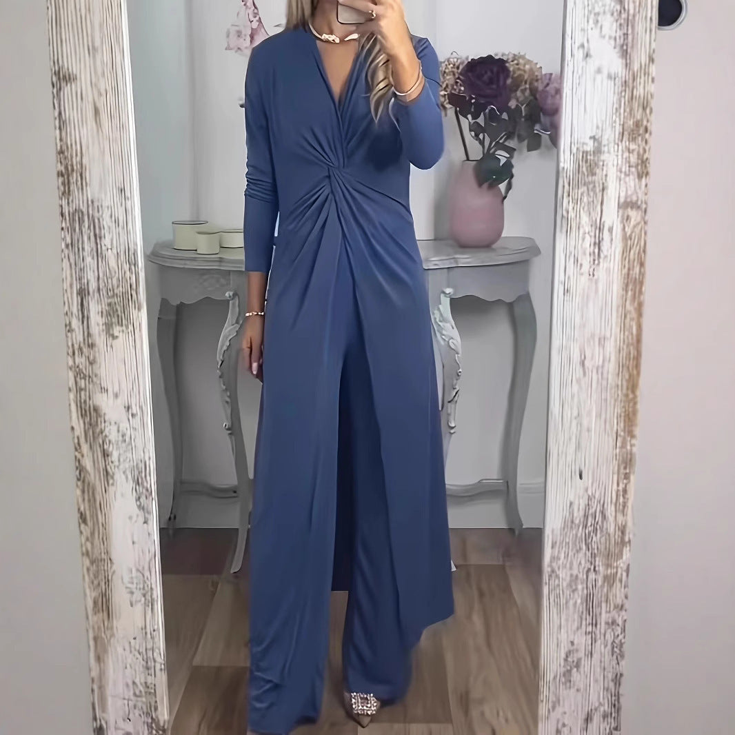 Solid Color Split Dress And Pants Two-piece Set