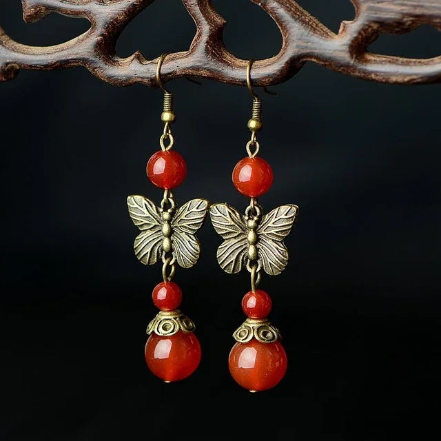 Ladies butterfly vintage red agate earrings