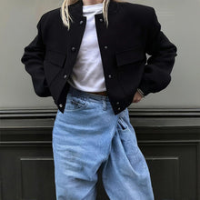 Women's Solid Color Long Sleeve Baseball Jacket With Button Front & Pockets - Casual Short Jacket For Spring&Fall