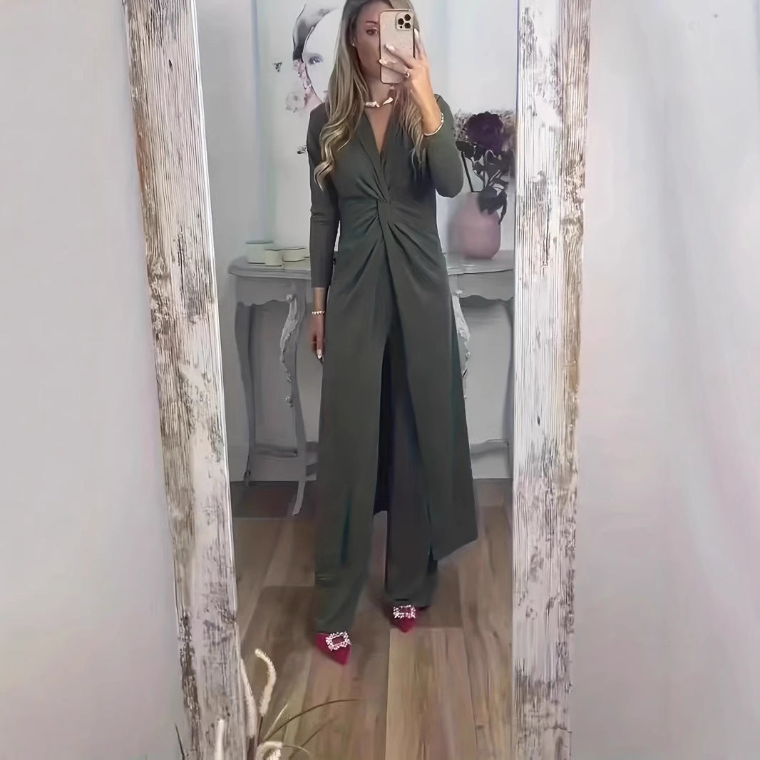 Solid Color Split Dress And Pants Two-piece Set