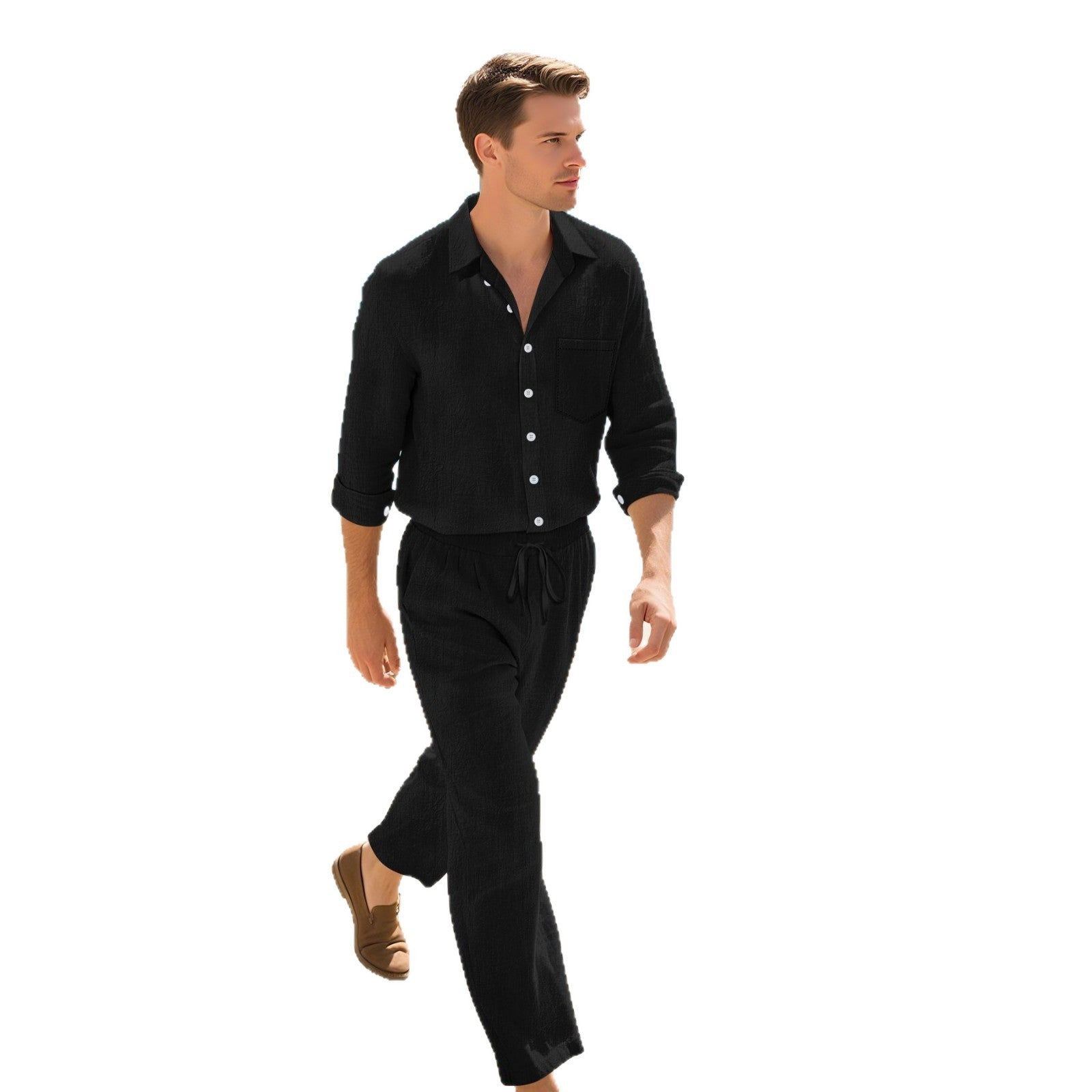 Linen Men's Casual Loose Breathable Long Sleeve Trousers Suit