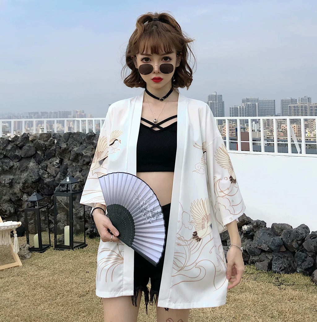 Retro Cardigan Flying Crane Chinese Style Three-Sleeve Robe