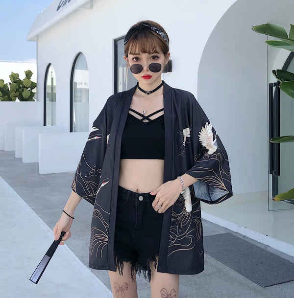 Retro Cardigan Flying Crane Chinese Style Three-Sleeve Robe
