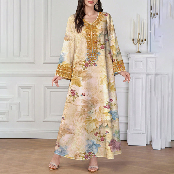 Women's Chic Bohemian Floral V-Neck Maxi Dress, Elegant Golden Long Sleeve Loose Fit Casual Dress
