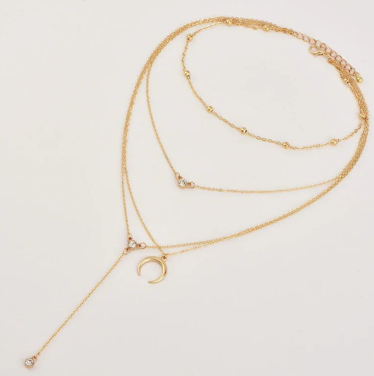 Bead Chain Diamond Moon Pendant Multi-layer Women's Necklace