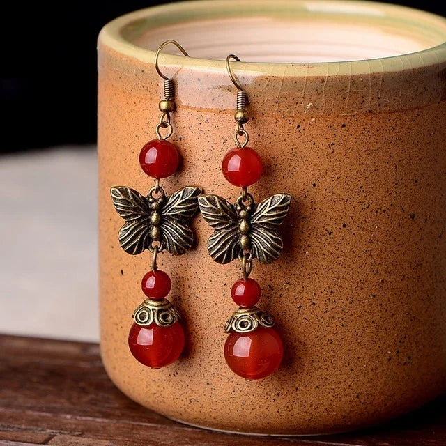 Ladies butterfly vintage red agate earrings