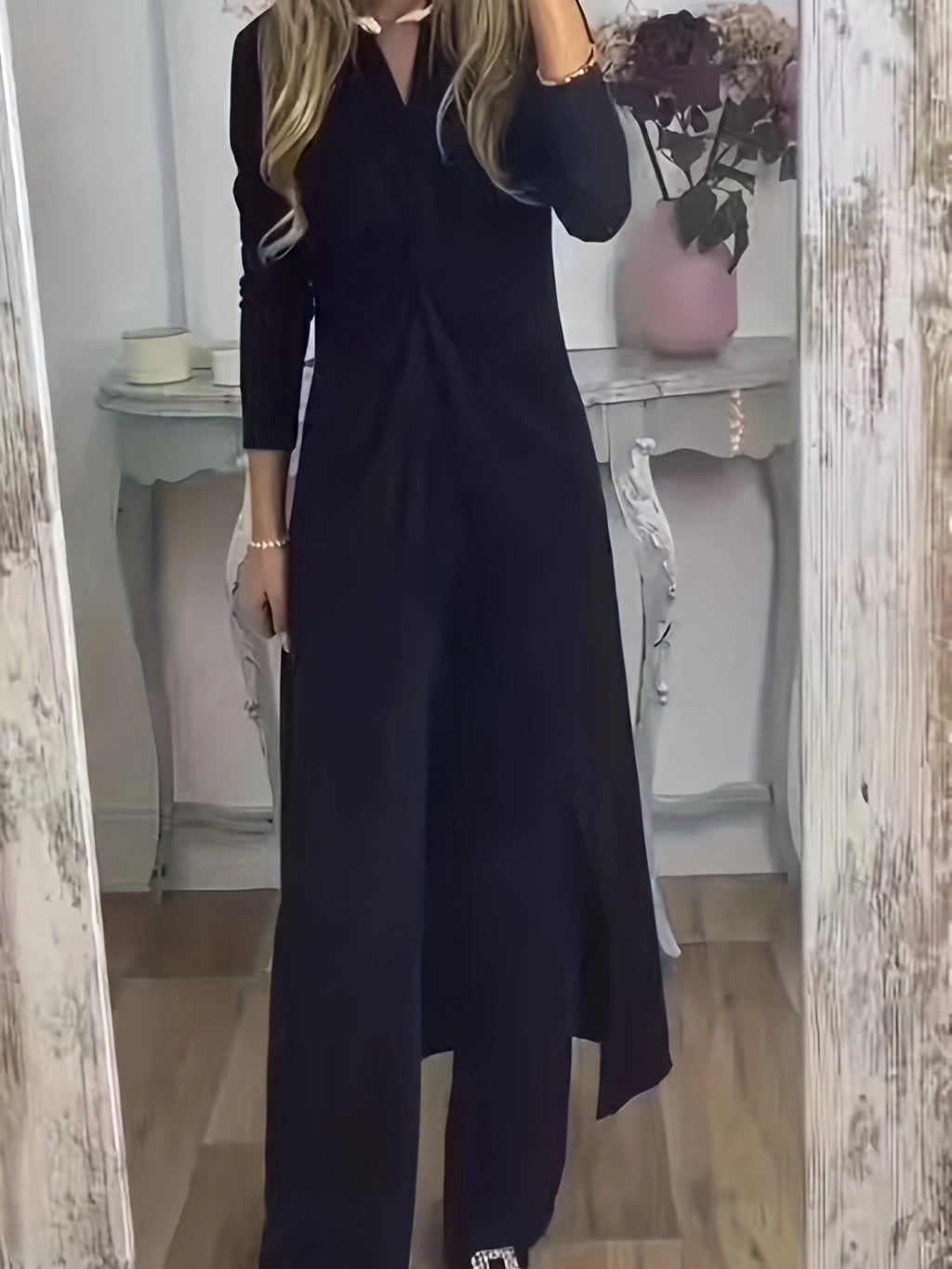 Solid Color Split Dress And Pants Two-piece Set
