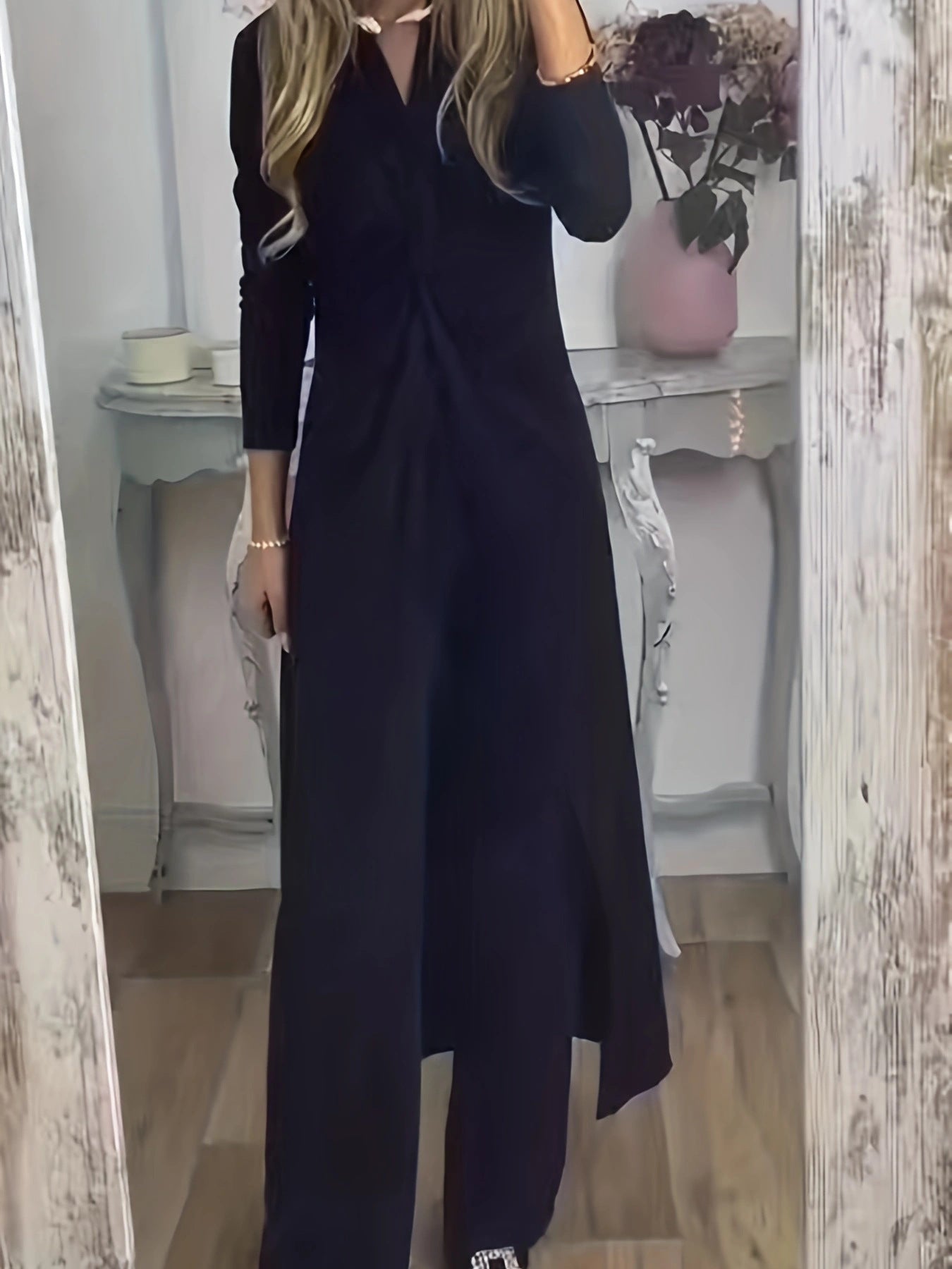 Solid Color Split Dress And Pants Two-piece Set
