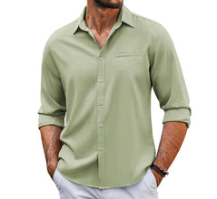 Casual  Long Sleeve Shirt With Pocket Lace Polo Collar Solid Color Button Mens Clothing