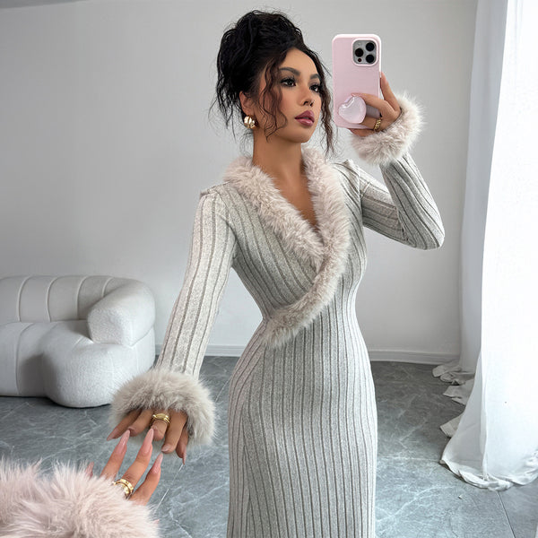 Elegant Solid Color Long-sleeved Sheath Dress For Women