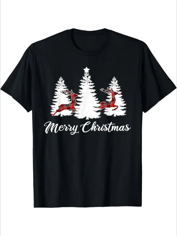 Christmas Shirt For Women Buffalo Plaid Reindeer Tree T-Shirt