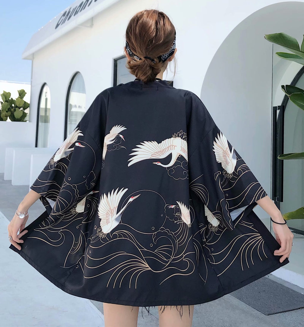 Retro Cardigan Flying Crane Chinese Style Three-Sleeve Robe