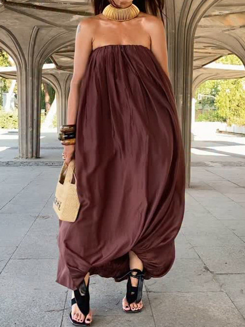 Burgundy Strapless Maxi Bubble Dress