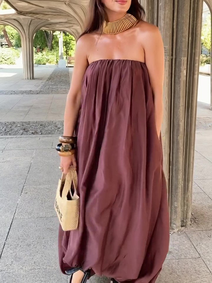 Burgundy Strapless Maxi Bubble Dress