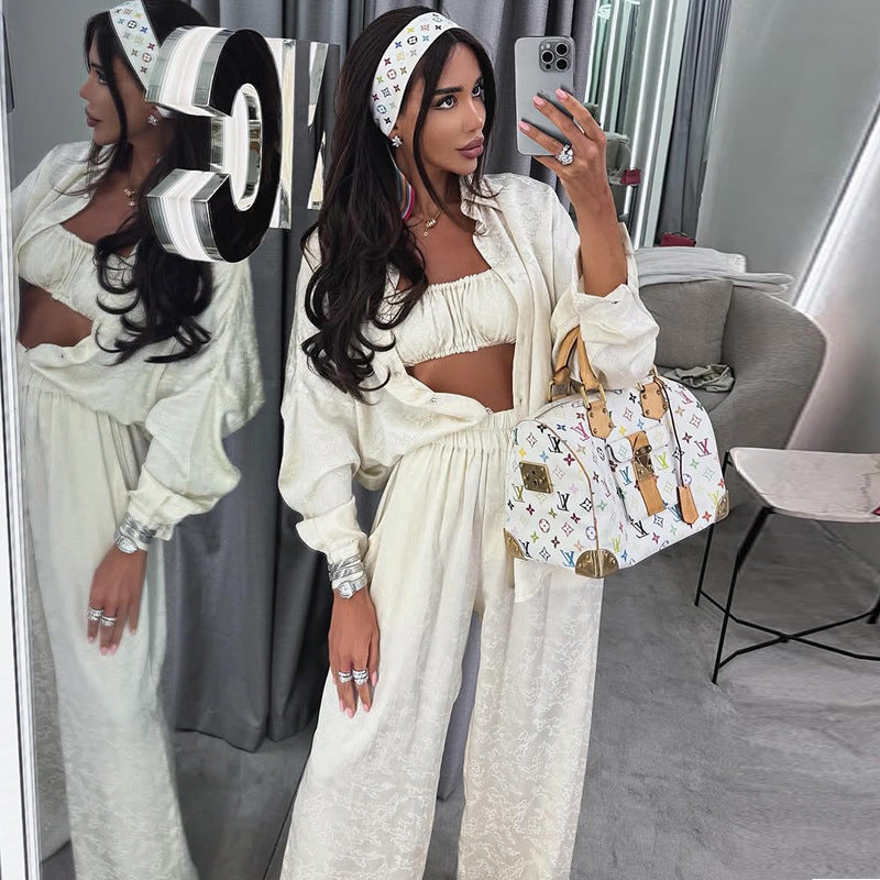 Lapel Long Sleeve Shirt Tube Top Wide Leg Pants Three-piece Set