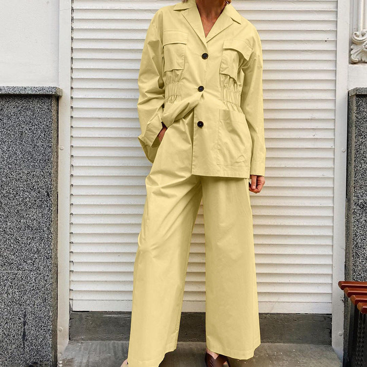 Lapel Long Sleeve Waist-controlled Top Wide Leg Pants Two-piece Set