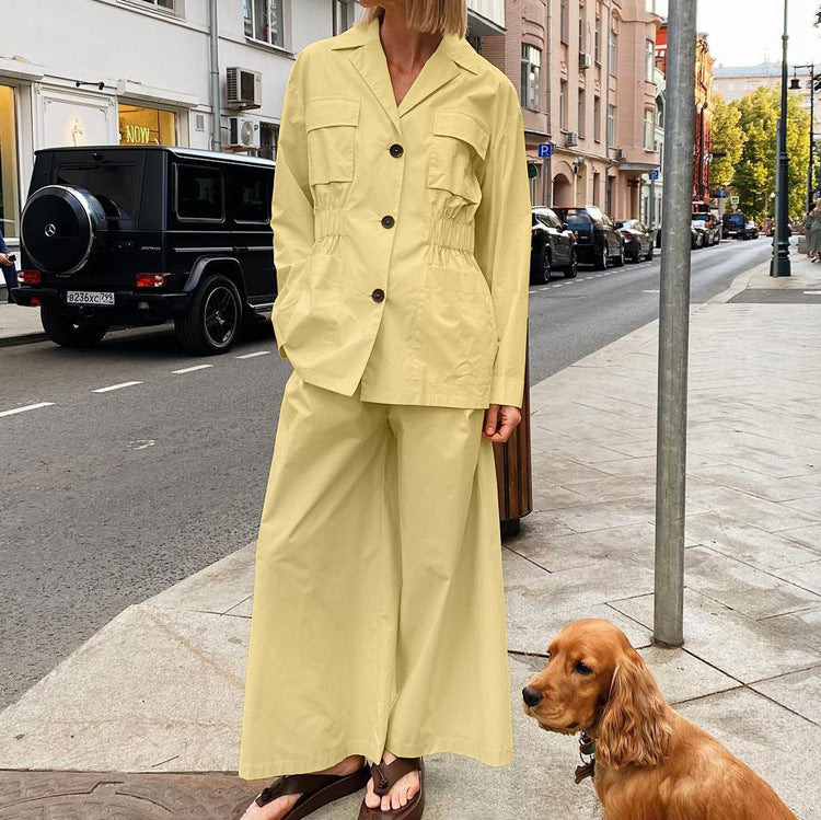 Lapel Long Sleeve Waist-controlled Top Wide Leg Pants Two-piece Set