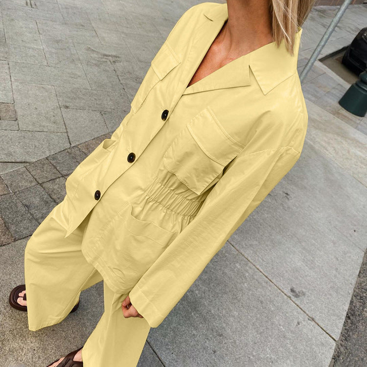 Lapel Long Sleeve Waist-controlled Top Wide Leg Pants Two-piece Set