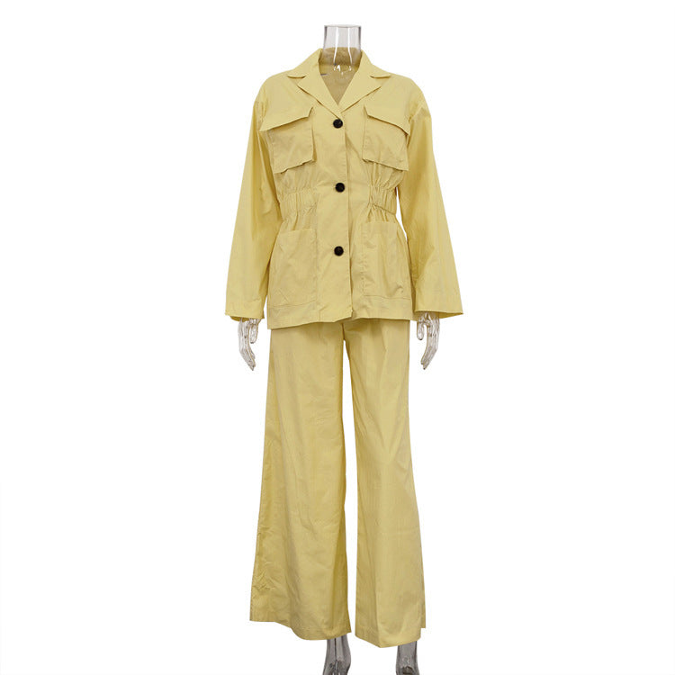 Lapel Long Sleeve Waist-controlled Top Wide Leg Pants Two-piece Set