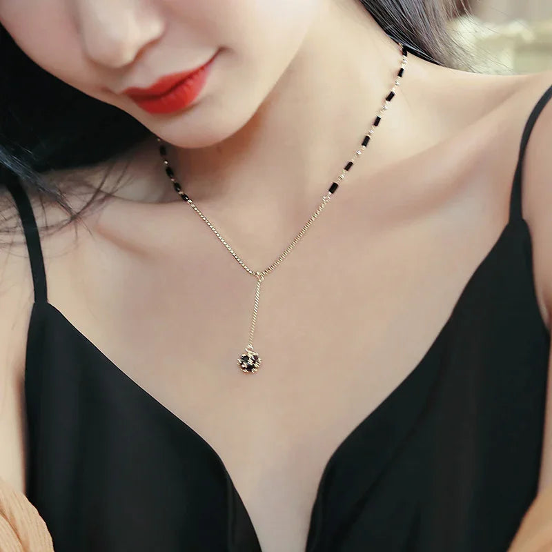 Geometric Black Crystal Round Rhinestone Ball Pendant Necklace