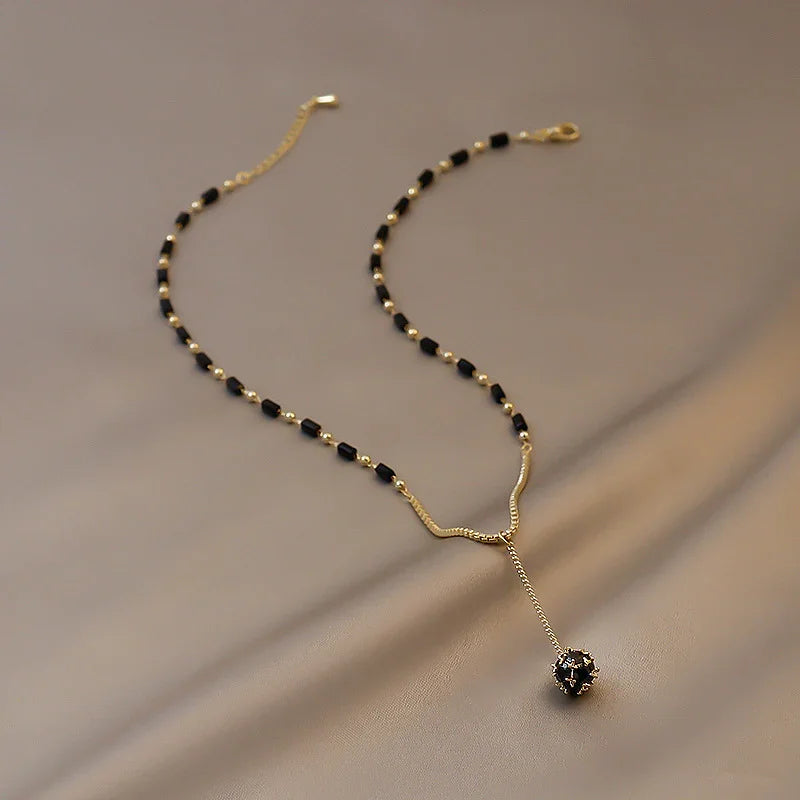 Geometric Black Crystal Round Rhinestone Ball Pendant Necklace