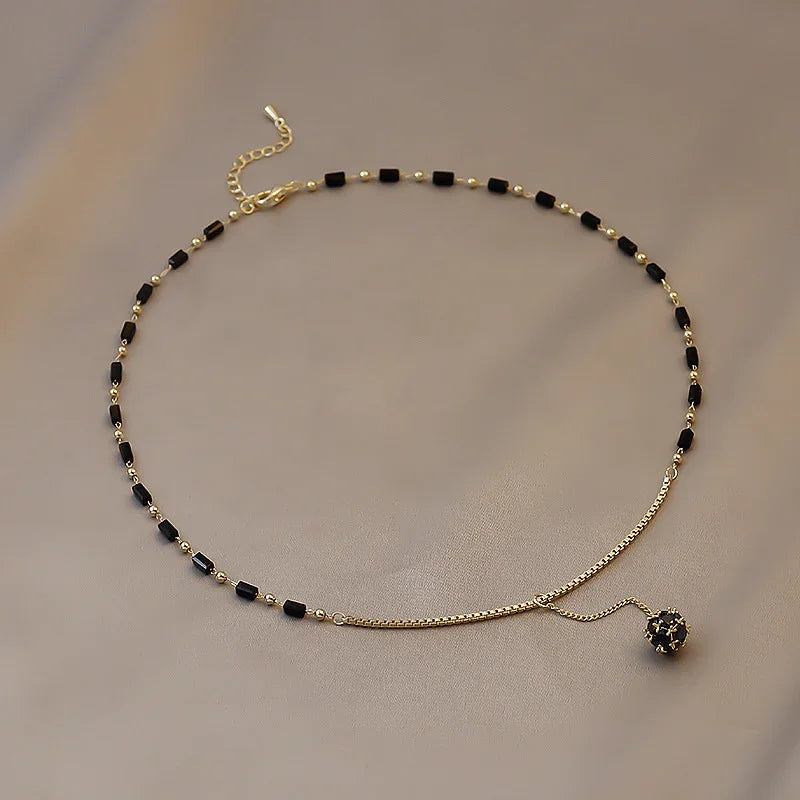 Geometric Black Crystal Round Rhinestone Ball Pendant Necklace