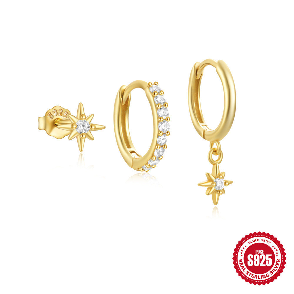 925 Sterling Silver Eight Awn Star Diamond-embedded Classic 3-piece Set
