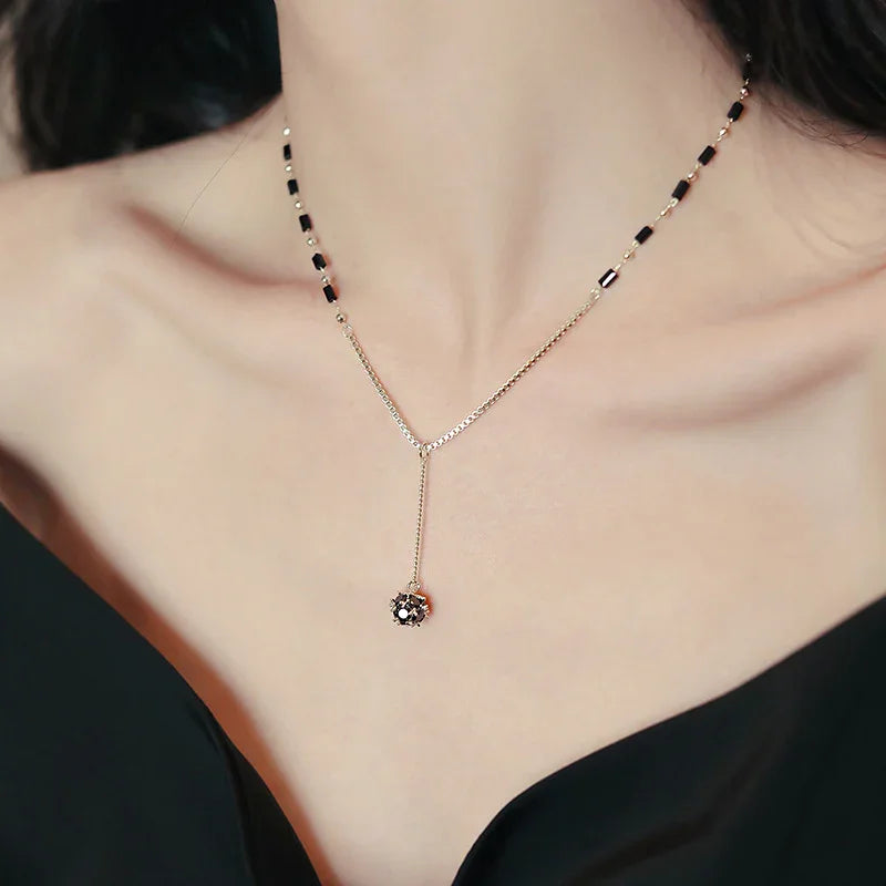 Geometric Black Crystal Round Rhinestone Ball Pendant Necklace