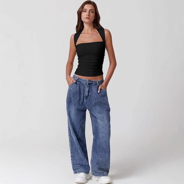 Off-the-shoulder Square Collar Shoulder Strap Midriff-baring Top