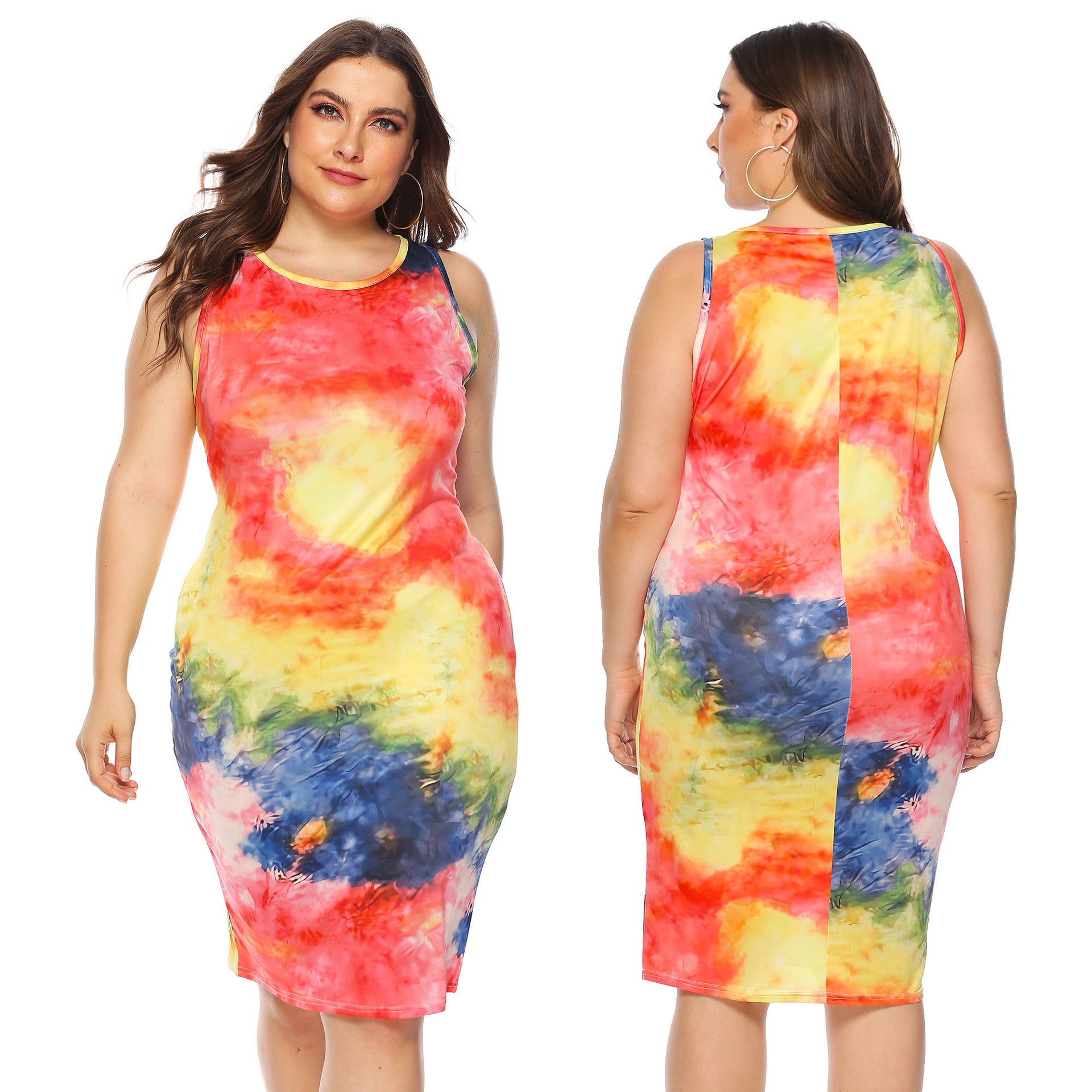 Plus Size Women's Colorful Tie-dyed Color Non-positioning Vest Slim-fit Sheath Dress