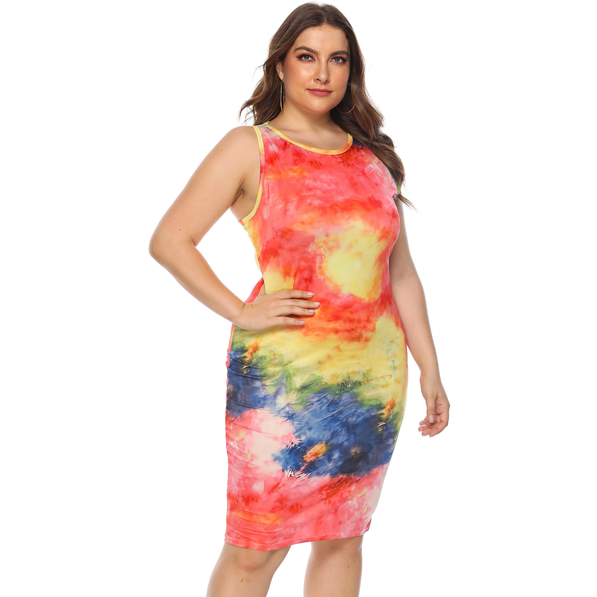 Plus Size Women's Colorful Tie-dyed Color Non-positioning Vest Slim-fit Sheath Dress
