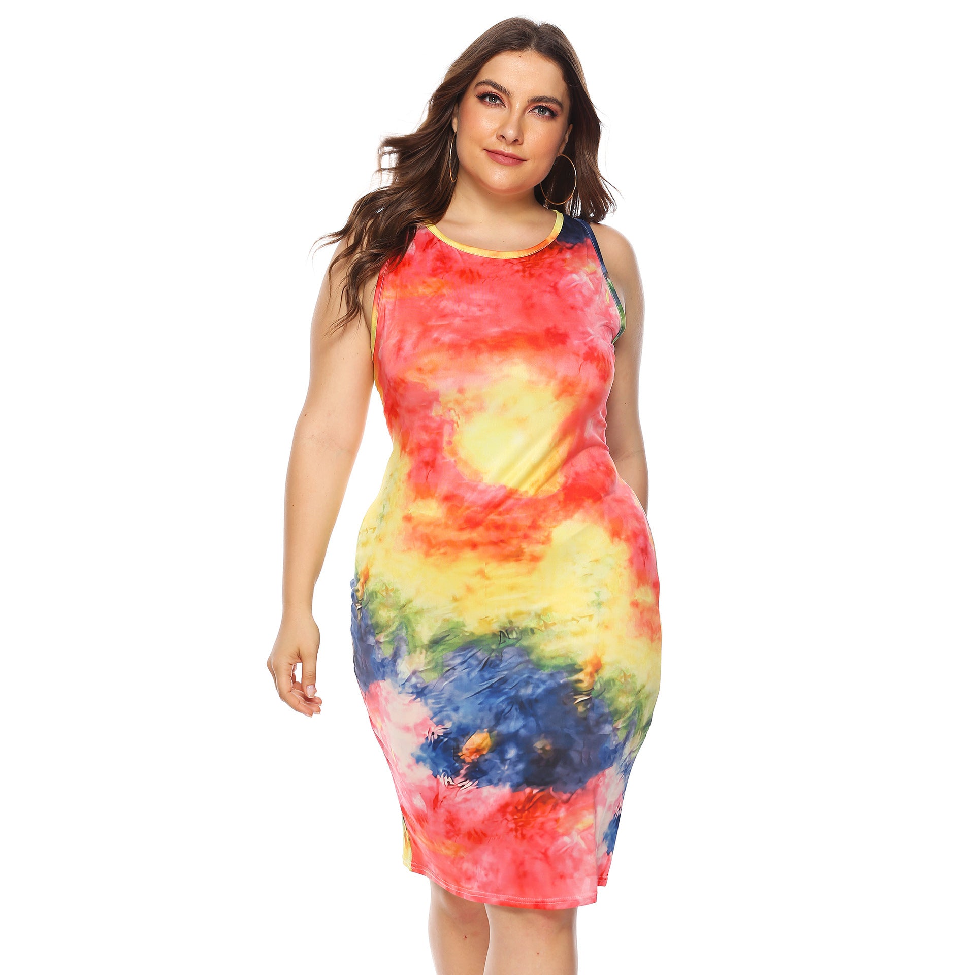 Plus Size Women's Colorful Tie-dyed Color Non-positioning Vest Slim-fit Sheath Dress