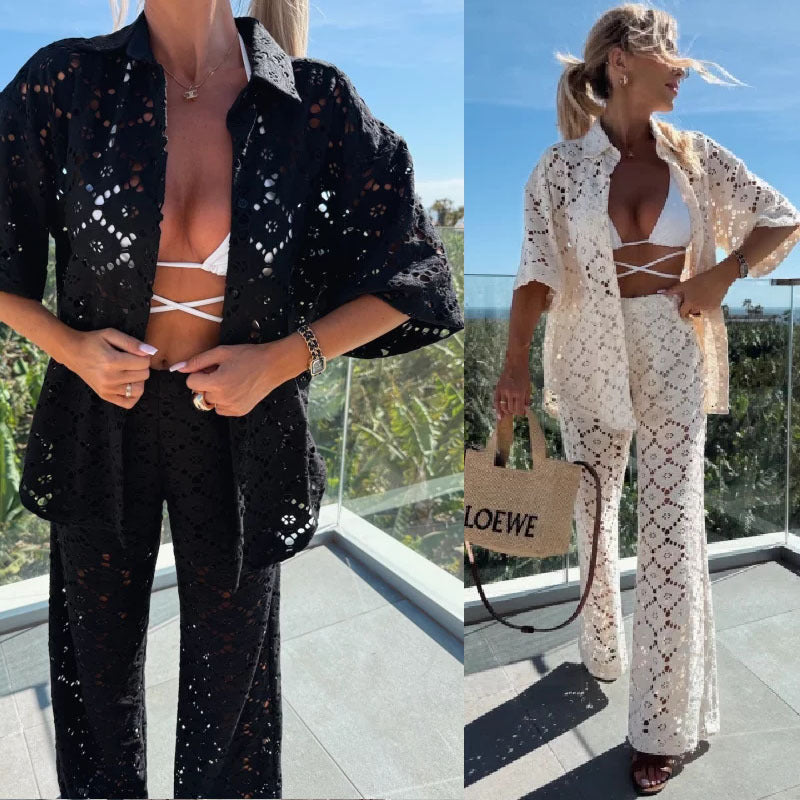Polo Collar Hollow Lace Short Sleeve Top And Trousers Suit