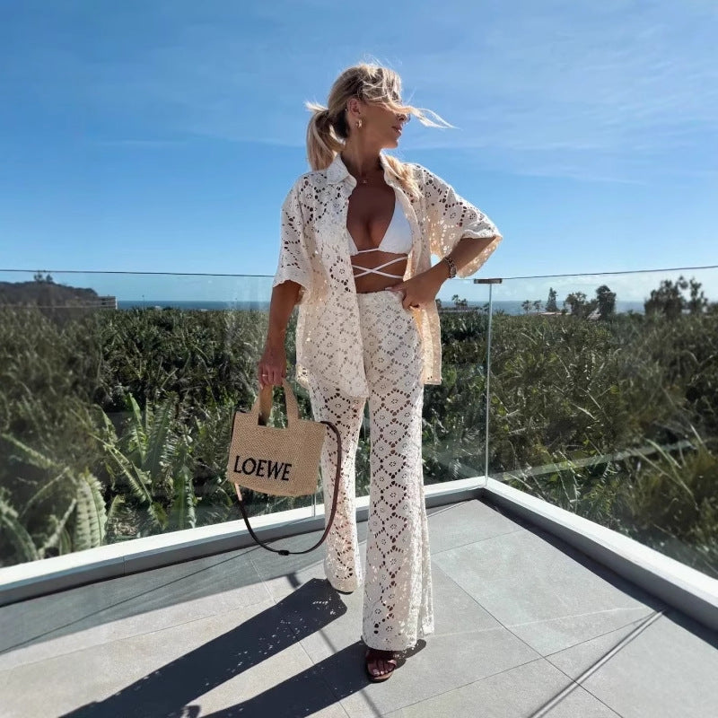 Polo Collar Hollow Lace Short Sleeve Top And Trousers Suit