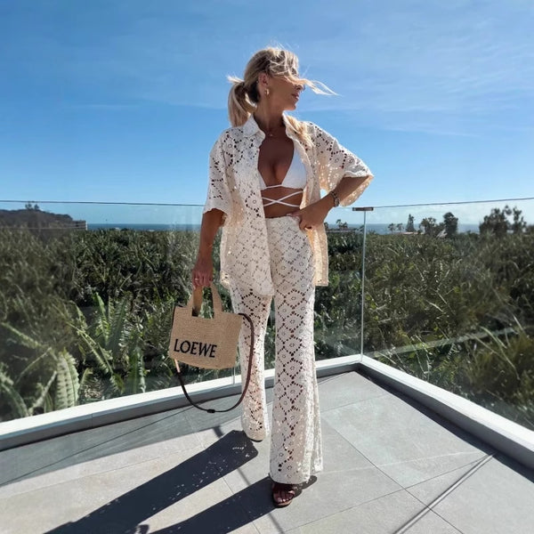 Polo Collar Hollow Lace Short Sleeve Top And Trousers Suit