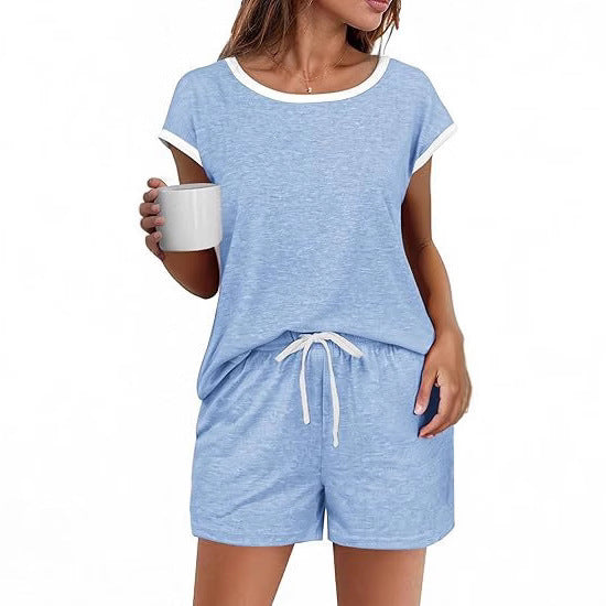 Short Sleeve Color-block Crew Neck Top Waist Drawstring Suit