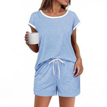 Short Sleeve Color-block Crew Neck Top Waist Drawstring Suit