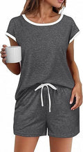 Short Sleeve Color-block Crew Neck Top Waist Drawstring Suit