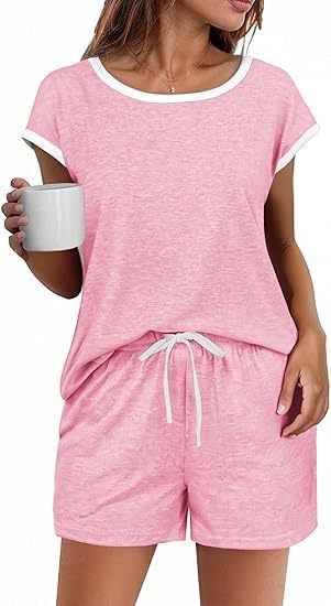 Short Sleeve Color-block Crew Neck Top Waist Drawstring Suit