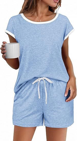 Short Sleeve Color-block Crew Neck Top Waist Drawstring Suit