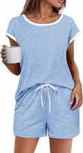Short Sleeve Color-block Crew Neck Top Waist Drawstring Suit