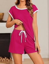 Short Sleeve Color-block Crew Neck Top Waist Drawstring Suit