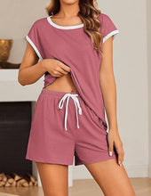 Short Sleeve Color-block Crew Neck Top Waist Drawstring Suit