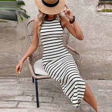 Slim Elastic Sleeveless Round Neck Striped Dress
