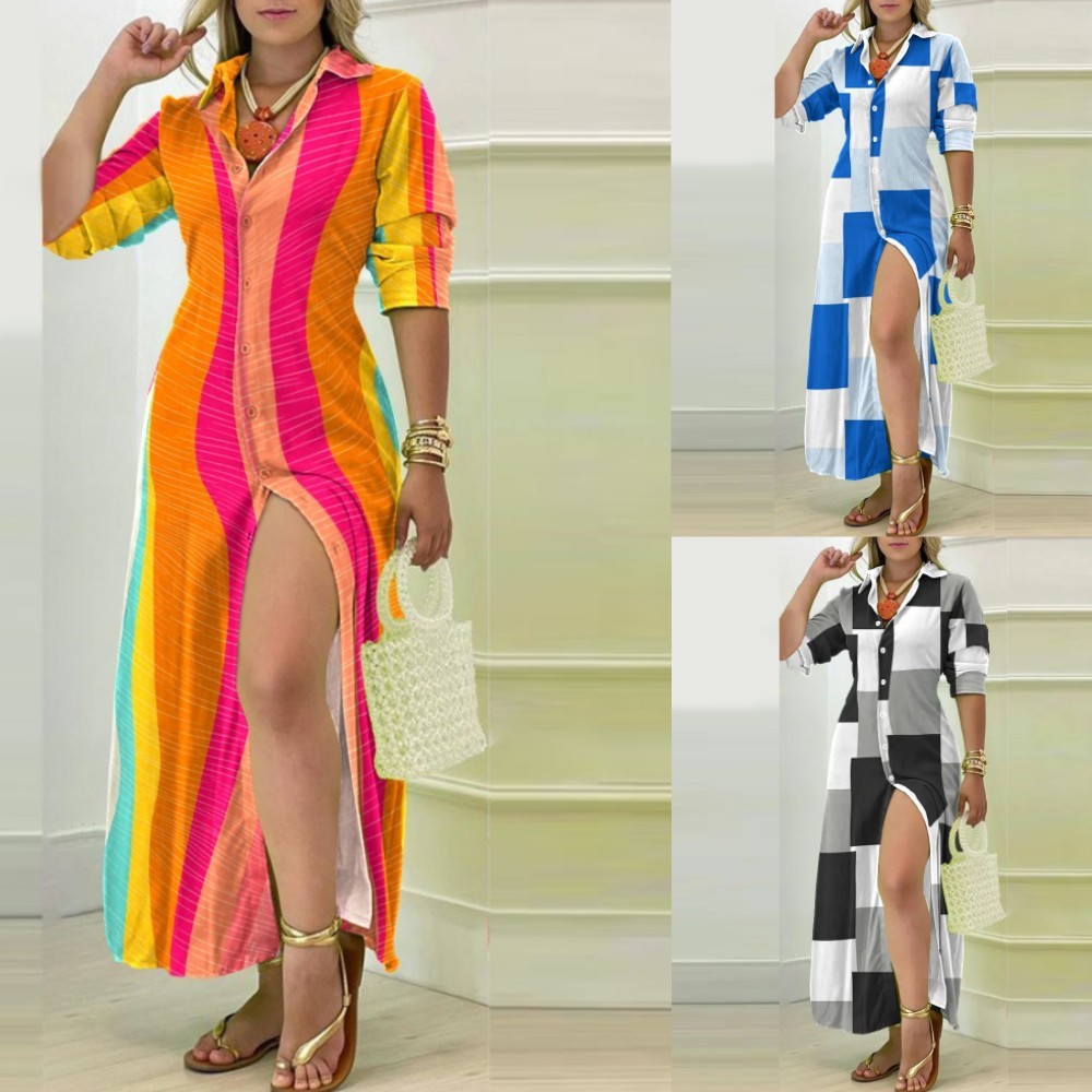 Summer Long-sleeve V-neck Simplicity Button Shirt Dress